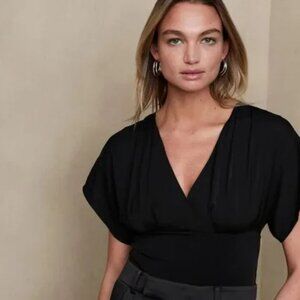 NWT Banana Republic Factory Women's XL V-Neck Tie-Back Top Black Dolman Sleeve